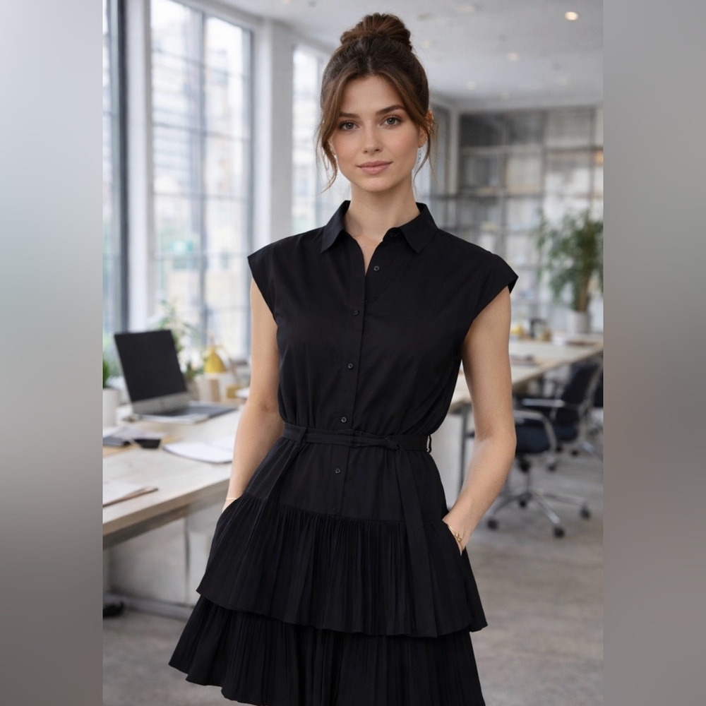 Current Air BERLIN MINI DRESS black collar button down tiered ruffle pleated